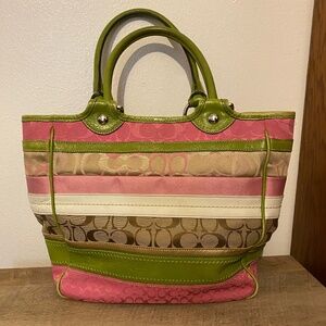 Coach Bleecker Signature Stripe Tote F14726 Khaki Pink Green Patchwork Bag